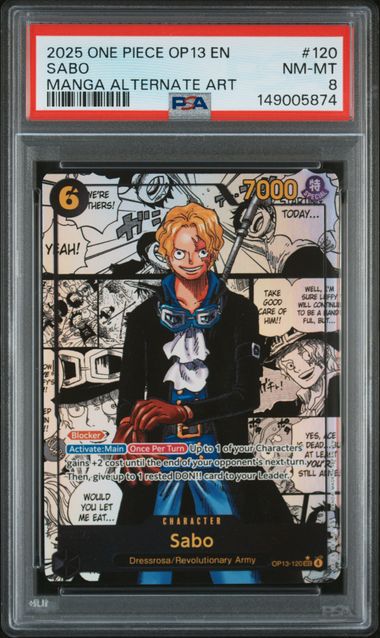 One Piece TCG: OP13-CARRYING ON HIS WILL #120 SABO MANGA ALTERNATE ART PSA 8